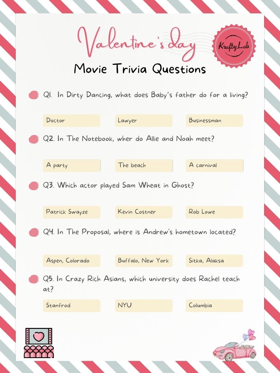 Valentine's Day Movie Trivia Quiz Sheet by KraftyLab.