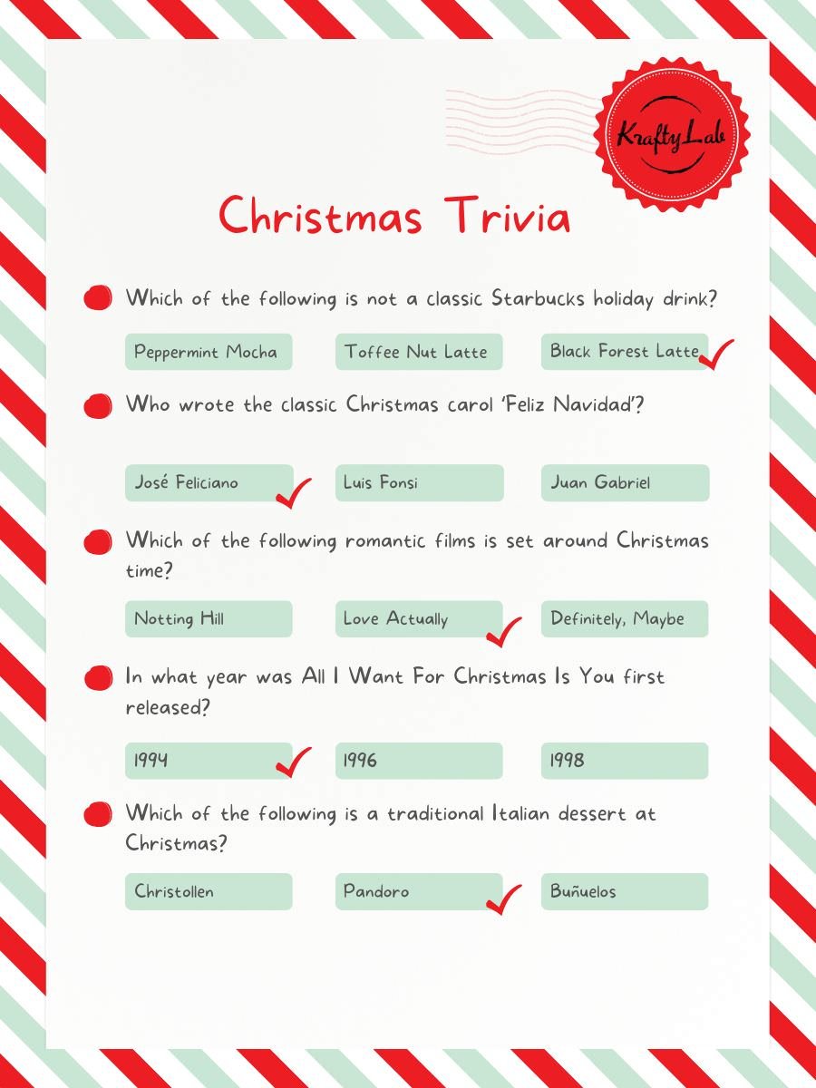 Christmas Trivia Quiz Answer Sheet.
