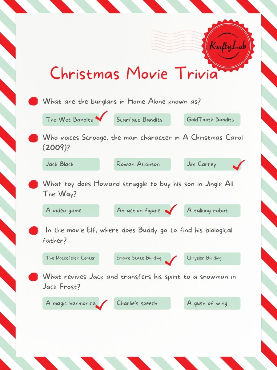 Christmas Movie Quiz Answer Sheet By KraftyLab