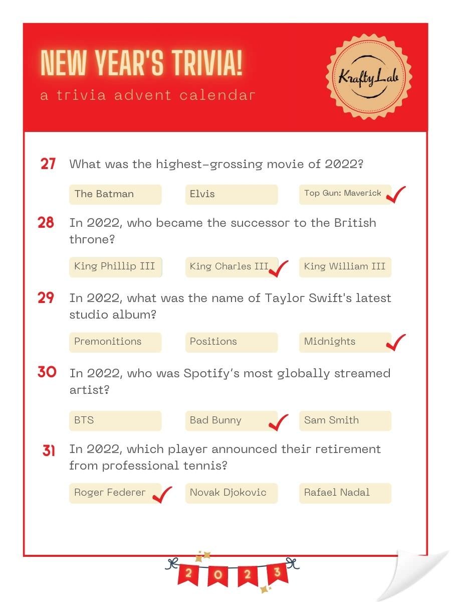 New Year's Trivia Answer Sheet by KraftyLab